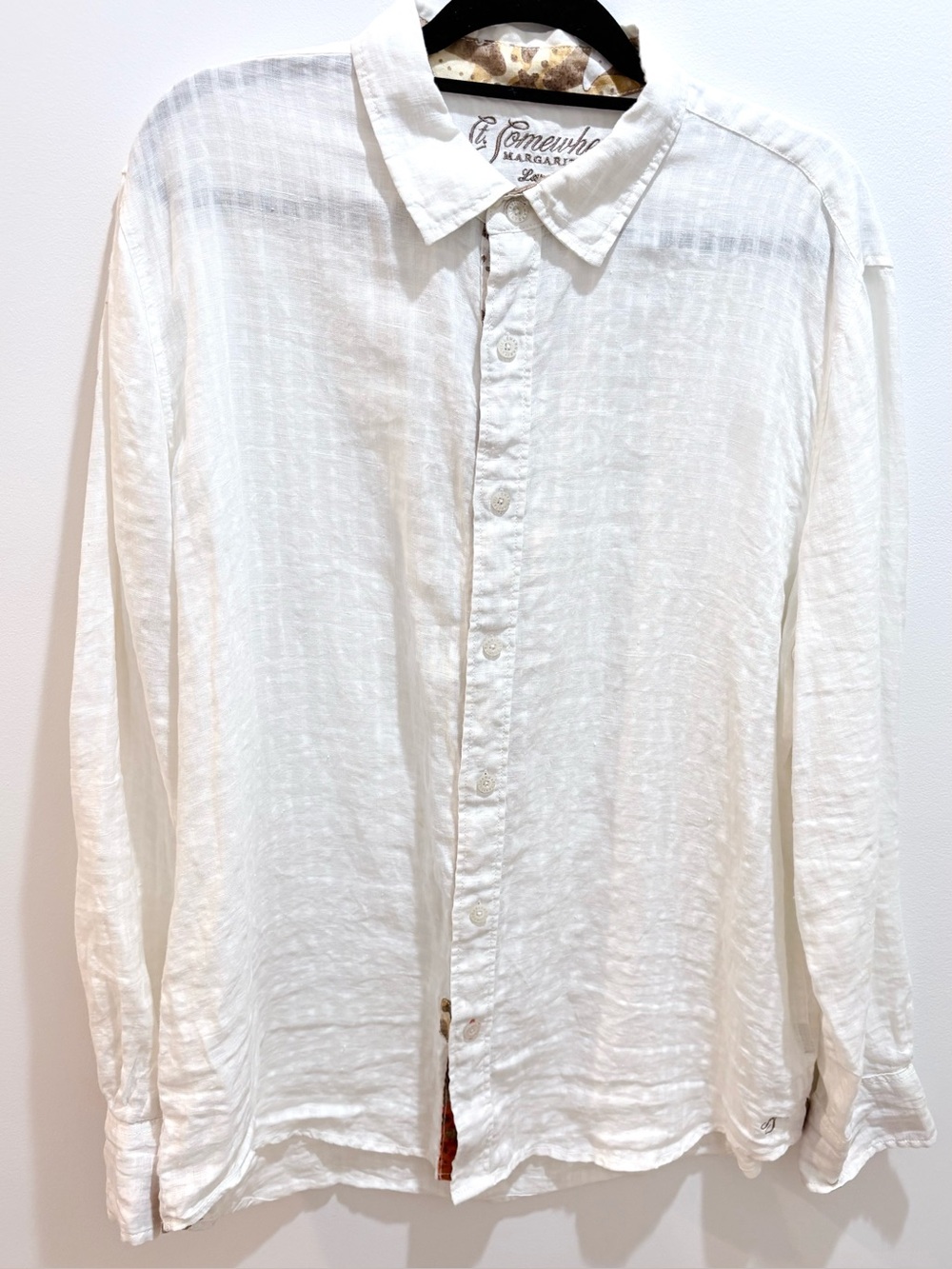 St. Somewhere Margaritaville Linen Cream Button Shirt Floral Trim Man’s Size L